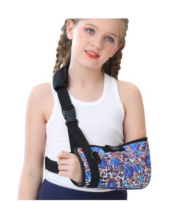 Foam Arm Sling Elbow Brace Support with Waist Strap Shoulder Sling Rotator Cuff Brace for Shoulder Injury for Kids for Broken Dislocated Fracture Blue Rose Leopard Small