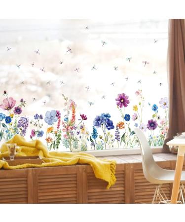 Reusable Flower Meadow Window Stickers - Self-Adhesive, Large Size for Living Room, Kitchen, Bathroom & Children's Room - Plants, Birds, Spring Decor - Buy Online on GoSupps.com