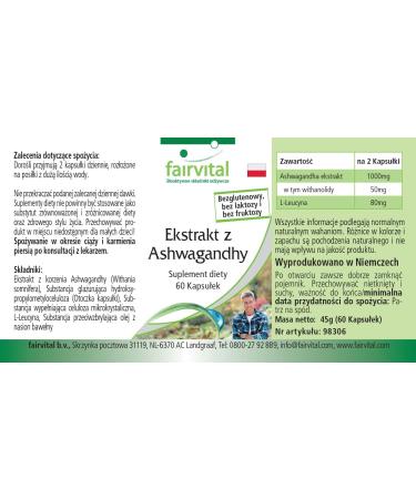Fairvital | Ashwagandha 500mg - VEGAN - 180 g lules (60 x 3) - Ginseng Indien - extrait d' Ashwagandha extra fort standardis 5% de withanolides - Buy Online on GoSupps.com