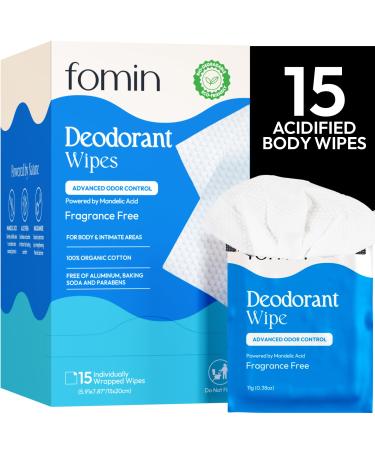 FOMIN Acidified Travel Deodorant Wipes For Women & Men - 15 Count - Fragrance Free - pH Balanced Mini Deodorant Travel Size Wipes - Plastic-Free Individually Wrapped Underarm Body Wipes Fragrance Free 15 Count (Pack of 1)