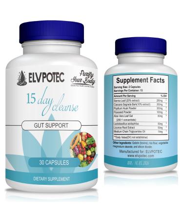 ELVPOTEC 15 Day Cleanse Formula - Gut and Colon Support | Advanced Gut Cleanse Detox with Senna Cascara Sagrada & Psyllium Husk | Non-GMO | Made in USA | 30 Capsules