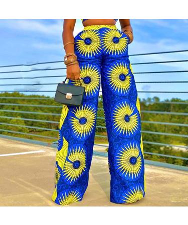 BOXIACEY Wide Leg Printed Boho Hippie Palazzo Pants | Elastic High Waist | Casual Loose Fit | Large Blue - Buy Online on GoSupps.com