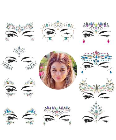Face Gems  10 Sets Mermaid Face Jewels Festival Face Gems Rhinestones Rave Eyes Body Bindi Temporary Stickers Crystal Face Stickers Decorations Fit for Festival Party(10 Sets collection)