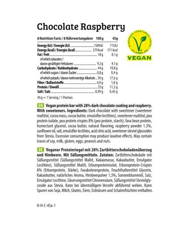 Hej Vegan Crispy Chocolate Raspberry Protein Bars - Low Sugar High Protein Palm Oil-Free - 12 Bars x 45g - Buy Online on GoSupps.com