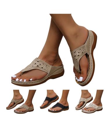 Willisos Women's Sandals Women's Sandals Arch Support Clip Toe Orthopedic Casual Walking Orthotic Flip Flops 8 3X-Narrow Beige