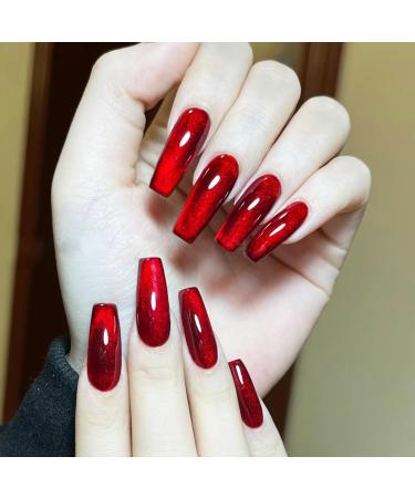 Wine Red Cat Eye Press on Nails Medium Coffin Fake Nails Gradient Design False Nails Shiny Acrylic Nails Full Cover Stick on Nails Jelly Press on Nails for Women Valentine's Day Manicure L006