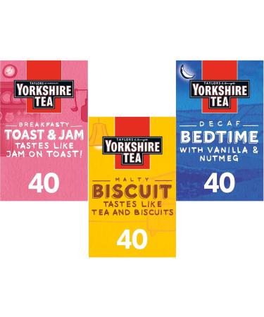 Taylors Tea Brew Selection | Breakfasty Toast & Jam Malty Biscuit Decaf Bedtime | Set of 3 | 40 Tea bags Each | Total 120 Tea bags - Buy Online on GoSupps.com