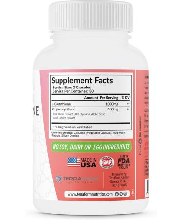 Terraform Nutrition L-Glutathione Supplement - 1000mg Free Radical Neutralizer - Boost Immunity & Detox - 30 Servings 60 Capsules - Shop Internationally - Buy Online on GoSupps.com