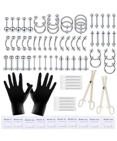 A-minusone 84PCS Body Septum Piercing Kit 14G 16G Tools for Nose Tongue Lip Ear Eyebrow Belly Button Cartilage Tragus Industrial Barbell Helix Daith Piercing Jewelry Piercing Needles Clamps 84 Piece Set
