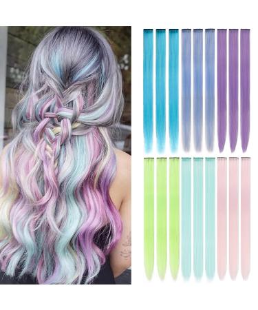 FENTISAR 18 Pack Colored Party Highlights Clip in Hair Extensions for Girls 22 inches Multi-colors Straight Hair Synthetic Hairpieces In The Party(6colored) 18Pcs-Sky Blue&Ice Blue&Light Purple&Light Green&Mint Blue& Lig...