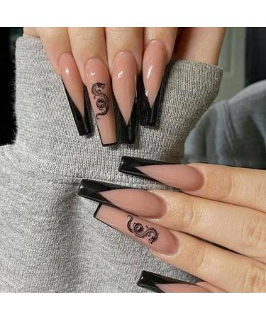 JUSTOTRY 24 Pcs Fake Nails Long Black French Press on Nails with Dragon Patterns Ballerina Stick on Nails for Women Acrylic Medium Coffin False Nails with Glue for Nail Art Dragon & Black - Buy Online on GoSupps.com