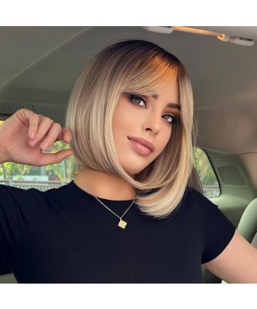 Haircube Short Bob Wig with Bangs - Heat-Resistant Synthetic Fiber for Party Cosplay & Daily Wear - Dark Shadow Blonde - Buy Online on GoSupps.com