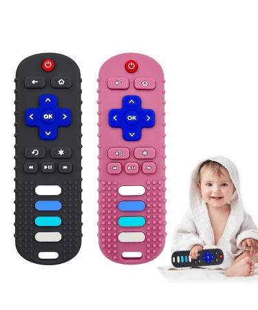 uwsic Baby Silicone Teething Toy Remote Control Shape Teethers for Baby 6-18 Months 2 Pcs Chew Toys BPA Free Black & Pink