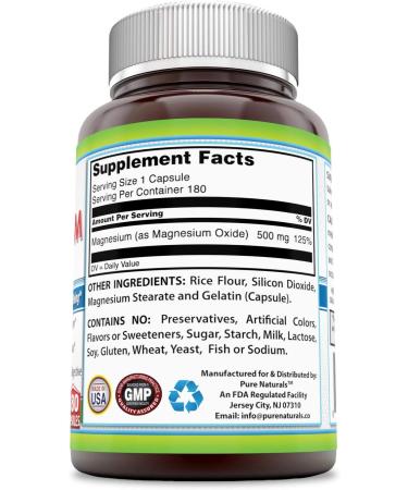 Pure Naturals Magnesium Oxide Supplement 500mg - 180 Capsules - Supports Nervous System & Heart Health - Promotes Digestive Health - Non-GMO Formula - Buy Online on GoSupps.com