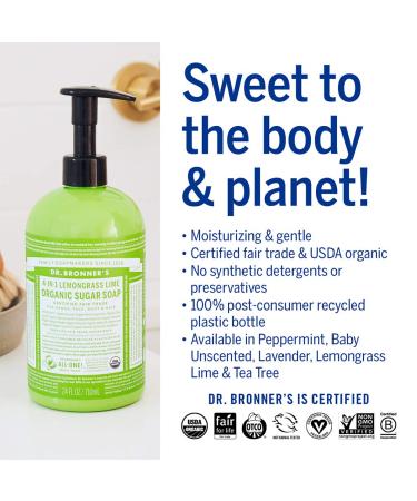 Dr. Bronner's Organic Lemongrass Sugar Soap - 24oz - 4-in-1 Uses - Vegan Formula for Hands, Body, Face, and Hair - Buy Online on GoSupps.com