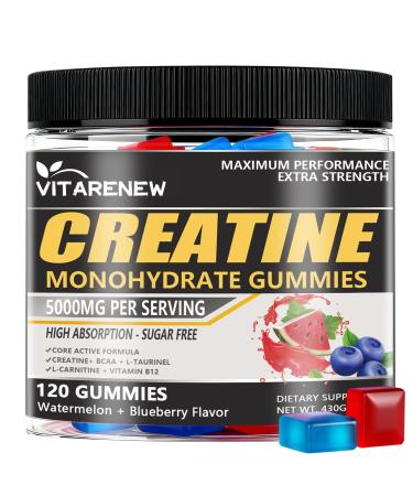 VITARENEW Creatine Gummies 120 Count - Watermelon Blueberry Flavor 5000mg Creatine Monohydrate with BCAA L-Taurine & Electrolytes for Muscle Growth Strength & Energy - Chewable for Men & Women