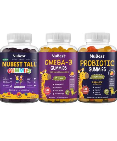 NuBest 3X Power Gummies Bundle Tall Gummies Omega 3 Gummies & Probiotic Gummies for Bone Strength Brain Growth Eye Health Gut Health & Immunity
