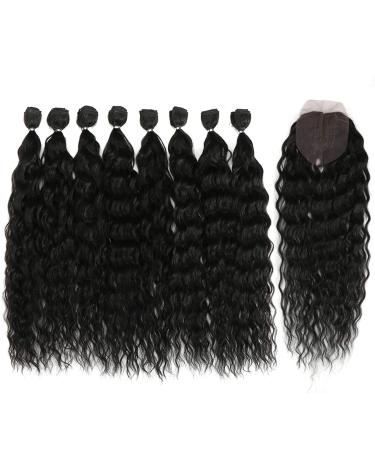 D BUT synthetic hair bundles with simple closure weave bundles with frontal swiss lace 9pcs Water Wave 20 inch 240g high temperature fiber 20 Inch 9pcs 1B