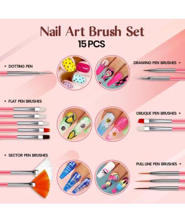 15pcs Nail Art Kit Accessories - Brushes, Tools, Pen, Dotting, Foil, Striping, Tape, Rhinestone, Glitter, Powder, File - Manicure Supplies Set - Buy Online on GoSupps.com