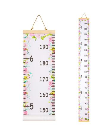 MHJY Height Chart for Kids Height Measure Wall Chart Child Growth Chart Wooden Ruler 7.9'' x 79'' Canvas Height Measurement Hanging Wall Decor for Baby Girls Boys Toddler Bedroom Nursery Pink Flowers