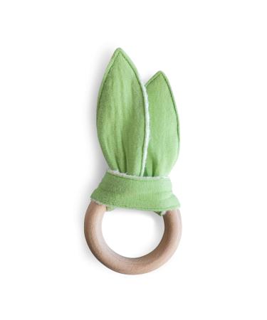 Organic Muslin Bunny Ears Baby Teether with Crinkle Paper and Wooden Teething Ring  Drool Absorbent Cloth Bunny Floppy Ears Teething Toy for Babies  Gender Neutral Gift  Newborn Animal Teether Toys Mint green