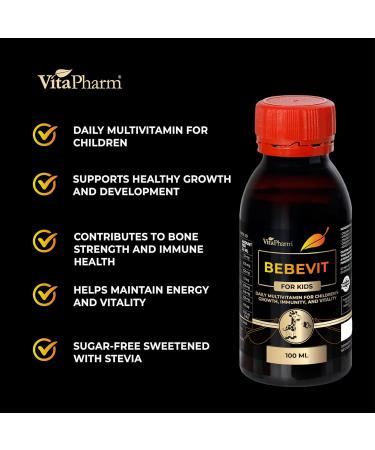 BEBEVIT Liquid Multivitamin for Kids Sugar-Free & Non-GMO Formula with Vitamins A, C, D3, E, K2 & B-Complex Daily Support for Growth, Immunity, Energy & Bone Strength 100ml Made in EU - Buy Online on GoSupps.com