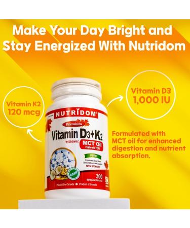 Nutridom Vitamin D3 1 000 IU + K2 MK-7 120 mcg with MCT Oil Cholecalciferol D3 + Natto-Derived Menaquinone-7 Non-GMO Free of Gluten Soy & Dairy (300 count) - Buy Online on GoSupps.com
