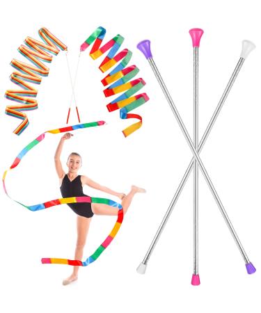 HyDren Dance Ribbons Colorful Rainbow Streamers Ribbon Dancer Wand Stainless Steel Twirling Baton Rhythmic Gymnastics Conducting Batons for Dancing Band Gymnastic 21 Inch