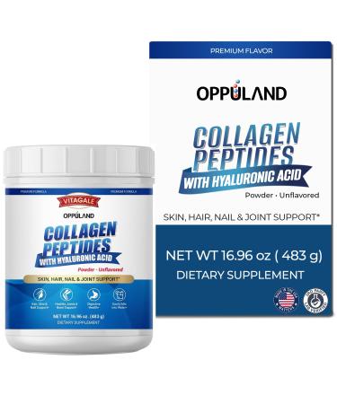 oppuland - Collagen Peptides Powder with Hyaluronic Acid Hydrolyzed Protein for Men & Women Unflavored Collagen Supplement Clean & Simple Ingredients Skin Hair Nail & Joint Support - 483 g