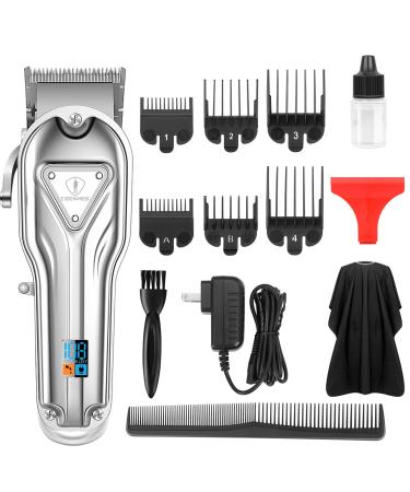 Ceenwes Hair Clippers Full Metal for Men Cordless LED Display Hair Trimmer with Hair Dressing Cape Barber Hair Cut Grooming Kit Siiver