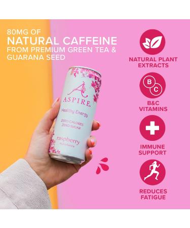 ASPIRE Healthy Energy Drink 12 x 330ml Cans - Raspberry Flavor | Zero Calories, Zero Sugar, Vegan & Gluten Free, Natural Plant Based Caffeine & Multivitamins - Buy Online on GoSupps.com