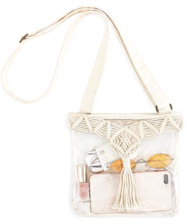 Mkono Clear Bag Stadium Approved Boho Clear Crossbody Purse with Macrame Tassel PVC Shoulder Bag for Concerts, Sport Events Beige