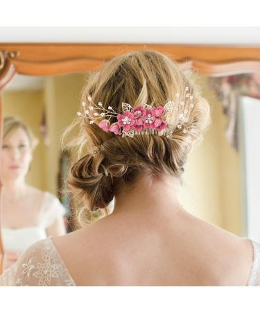 Lurrose Bride Wedding Hair Comb Combs for Hair Rhinestone Pearls Leaf Hair Piece Crystal Hair Side Comb for Women and Girls Rosy - Buy Online on GoSupps.com