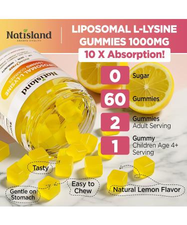NATISLAND Liposomal L-Lysine Gummies 1000mg Lysine Supplement for Adults & Kids Chewable Lysine with Zinc for Lips & Oral Health Immune & Collagen Support Vegan Sugar Free Lemon Flavor 60 Count - Buy Online on GoSupps.com