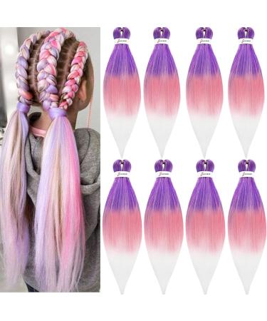 LDMY PRE-Stretched Braiding Hair Extension-8PCs 26inch Kunsthaar for braiding ombre purple rosa synthetic Kanecalon Braiding Hair Extensions 90g/PC Purple-Pink-White