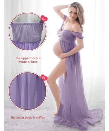 FEOYA Maxi Maternity Dress Chiffon Lace Strapless Gown - Purple Maternity Gown for Pregnant Women Photography - Buy Online on GoSupps.com