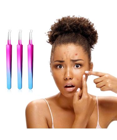 3-Piece Stainless Steel Blackhead Tweezers Set - Blemish Extractor Tool for Blackhead, Whitehead, Pimple Removal - Curved Tweezer Skin Remover - Rainbow Color - Buy Online on GoSupps.com