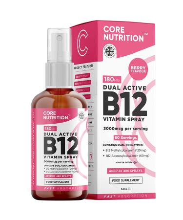 Vitamin B12 Spray - 3000mcg High Strength - 60ml for 60 Day Supply - Vegan - Dual-Active Vitamin B12 Complex Liquid Formula for Maximum Absorption - B12 Oral Spray - Made in UK by Core Nutrition