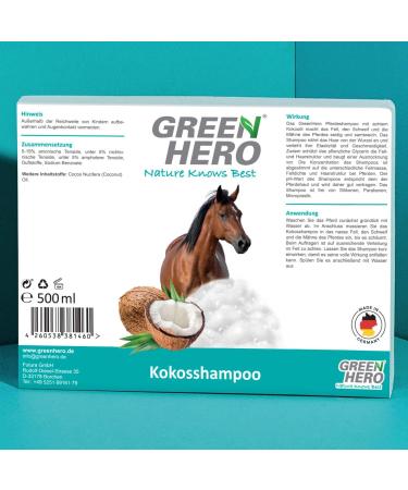 Green Hero Kokos Shampoo for Horses - 500ml Natural Coconut Oil Formula for All Fur Types | Intensive Care for Manes Tails & Coats - No Silicones Parabens or Microplastics - Buy Online on GoSupps.com