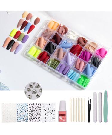 Nail Art Kit with 24 Grids of 576 Pieces Matte Press-on Nails - Includes 4 Different Acrylic Short Medium Long Length Ballerina False Nail tips   Adhesive Tabs  Glue  Stickers  Tools  and Rhinestone Accessories - Perfect...