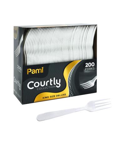 PAMI Heavy Weight Disposable Plastic Forks 200-Pack - Bulk King Size Deluxe White Plastic Silverware For Parties, Weddings, Catering Food Stands, Takeaway- Heavy-Duty Single-Use Partyware Forks