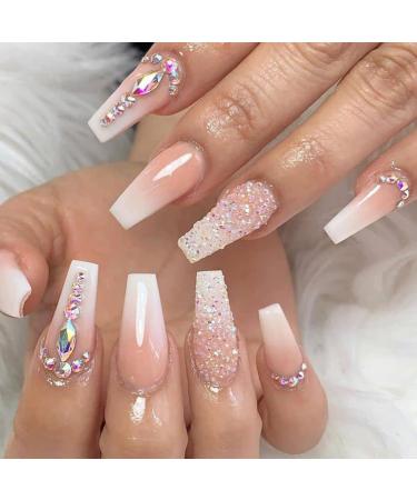 Leuhiove Glitter Gradient Pink Press on Nails Medium Ballerina Fake Nails Luxurious Crystal Gem Design False Nails with Glue on Nails Bling Artificial Acrylic Nails Bling Square Stick on Nails for Women Girls Bling nails...