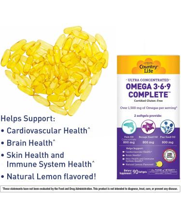 Country Life Omega 3-6-9 Complete Supplement - 1,534mg Omega Supports Cardiovascular, Brain, Skin & Immune Health - 90 Softgels - Buy Online on GoSupps.com