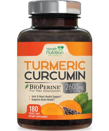 Turmeric Curcumin with BioPerine 95% Standardized Curcuminoids 2600mg - Black Pepper for Max Absorption Natural Joint Support Supplement Nature's Non-GMO & Gluten Free Tumeric Extract - 180 Capsules 180 Count (Pack of 1)