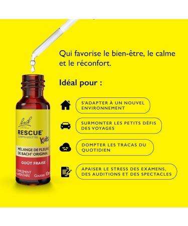 RESCUE KIDS - Compte-Gouttes go t Fraise - Bien- tre motionnel - M lange de 5 Fleurs de Bach Original - Id al pour la rentr e des classes les voyages et les vacances - Sans alcool - Flacon 10ml - Buy Online on GoSupps.com