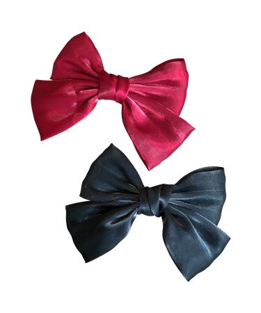 CHENGZI Pearl bow hair clip fairy satin large hair clip back spoon clip mermaid princess hair accessory (Red+Black)