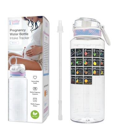 BellyBottle Pregnancy Water Bottle Tracker (BPA-Free) Pregnancy Must Haves First Trimester - Pregnancy Gifts for Women - Pregnancy Essentials for Nausea Relief (includes Weekly Stickers + Straw) CLEAR