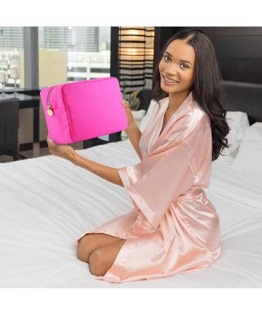 DANCOUR Large Pink Makeup Bag & Toiletry Organizer for Women - Nylon Cosmetic Pouch, Travel-Friendly, Preppy Style - Hot Pink Makeup Storage for Girls - Buy Online on GoSupps.com