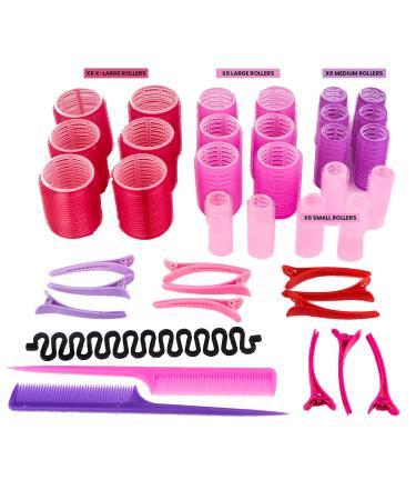 SnookBay 39 Pcs Hair Rollers Set - 24 Heatless Self Grip Velcro Curlers 12 Duckbill Clips 2 Combs 1 Braiding Device with Storage Bag (Rollers: 15mm 25mm 36mm 48mm) (39 Pcs Set) 39 Piece Set