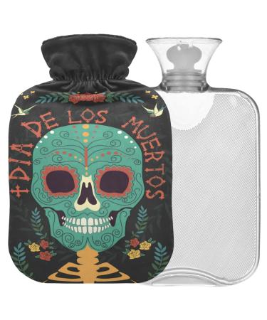 Naanle vintage Mexican skull hot water bottle with reference transparent hot water bottle Handfoots Heating bags for pain relief heat and cold therapy 2L